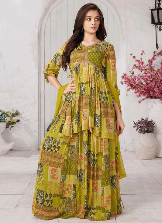 Green Embroidered And Print Work Muslin Salwar Suit