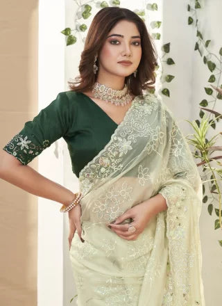 Green Fancy Fabric Contemporary Sari With Embroidered And Sequins Work For Engagement
