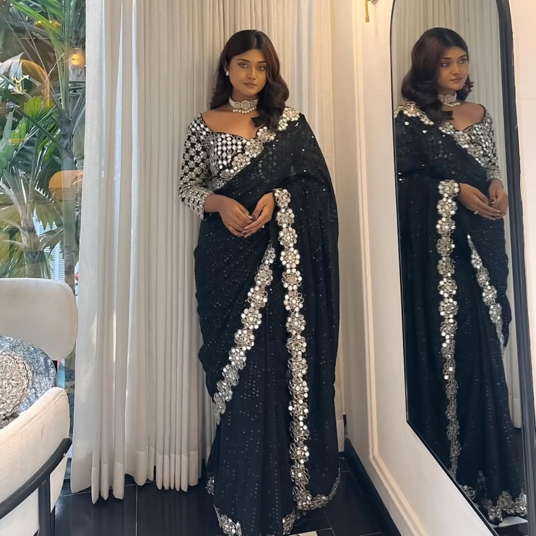 Stylish Georgette Original Mirror Black Color Saree