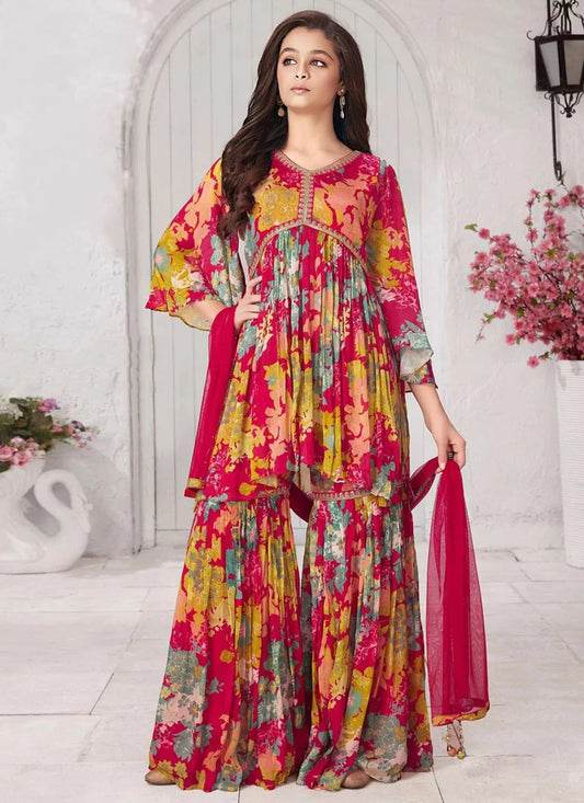 Multi Colour Embroidered And Print Work Muslin Salwar Suit