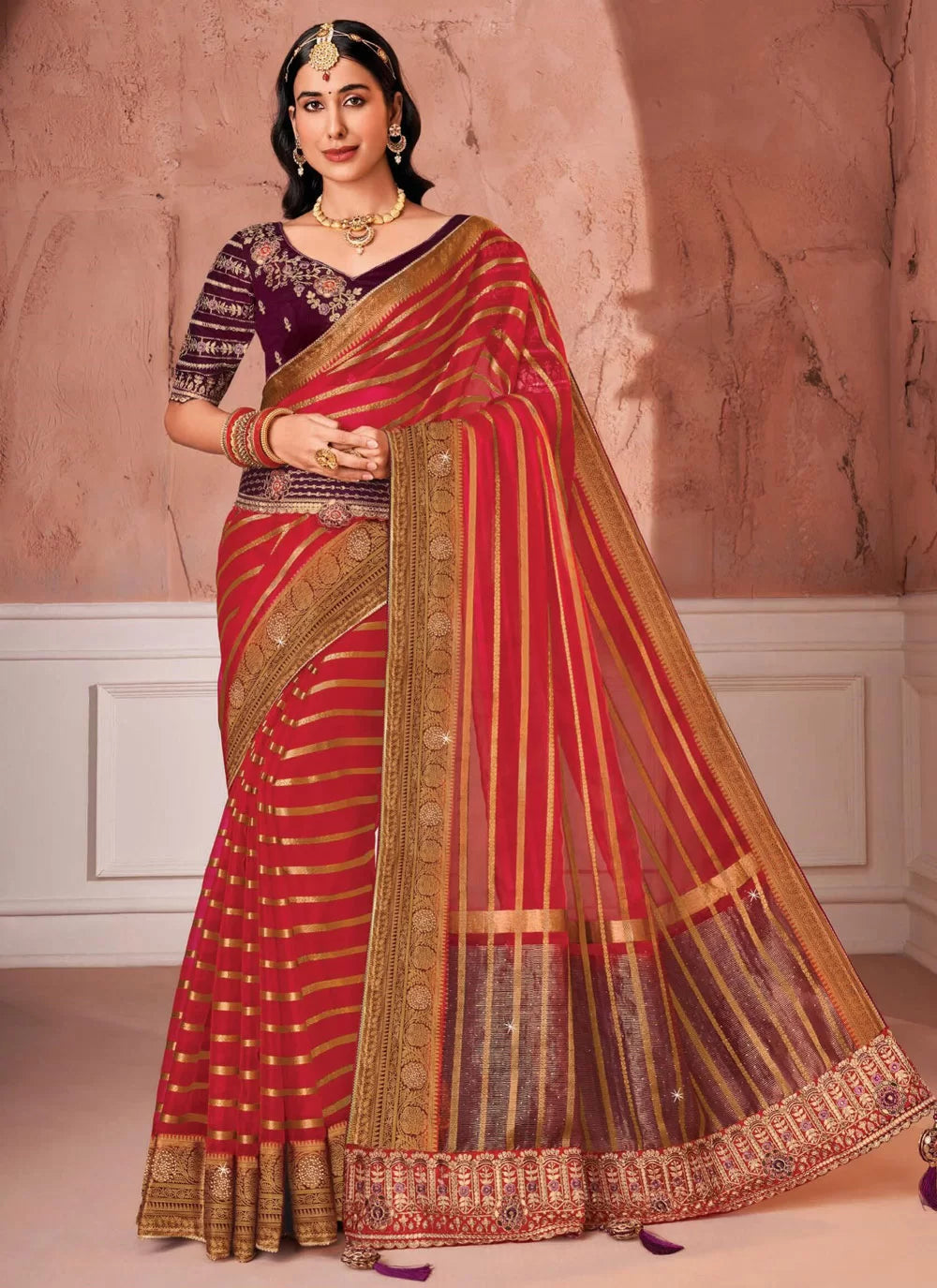 Organza Designer Sari In Red
