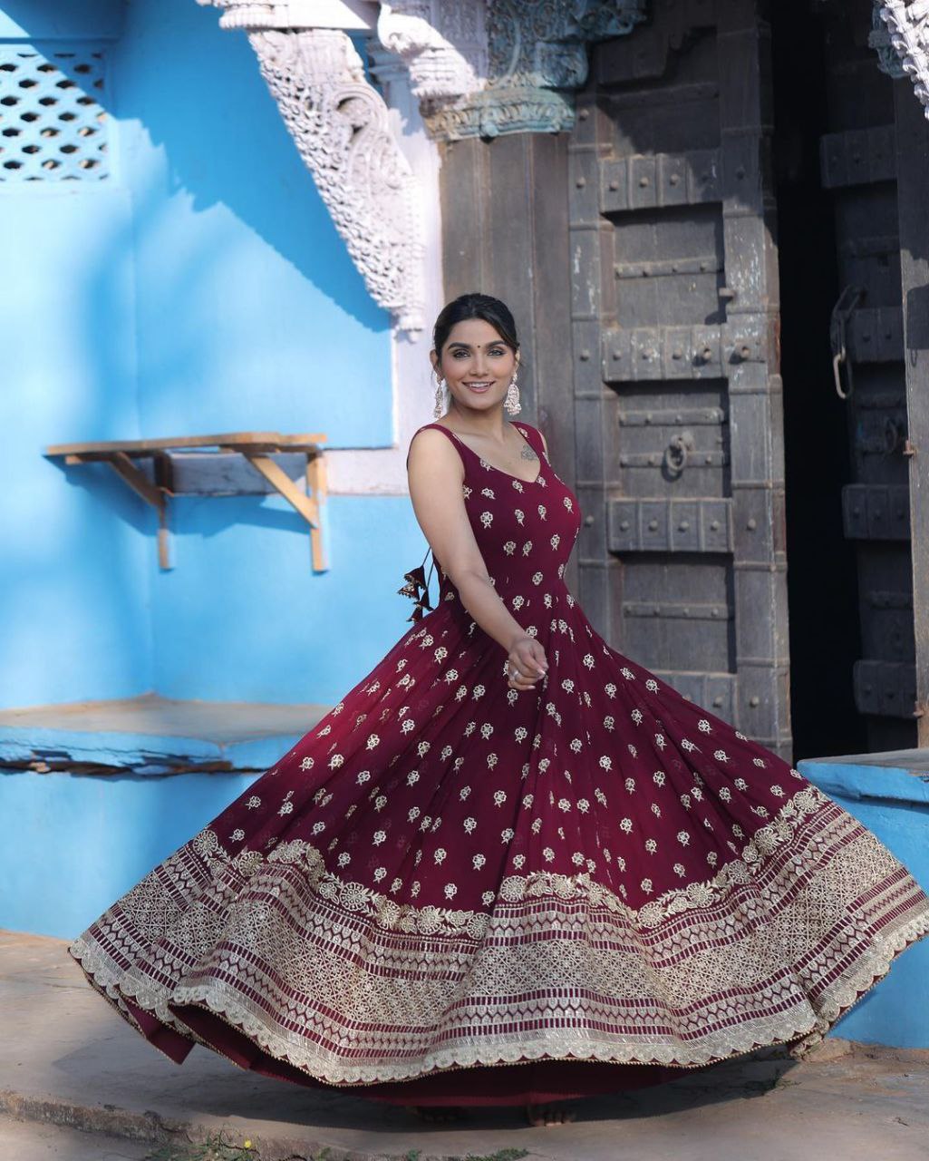 Indian Beautiful Maroon georgette anarkali gown with Pant and