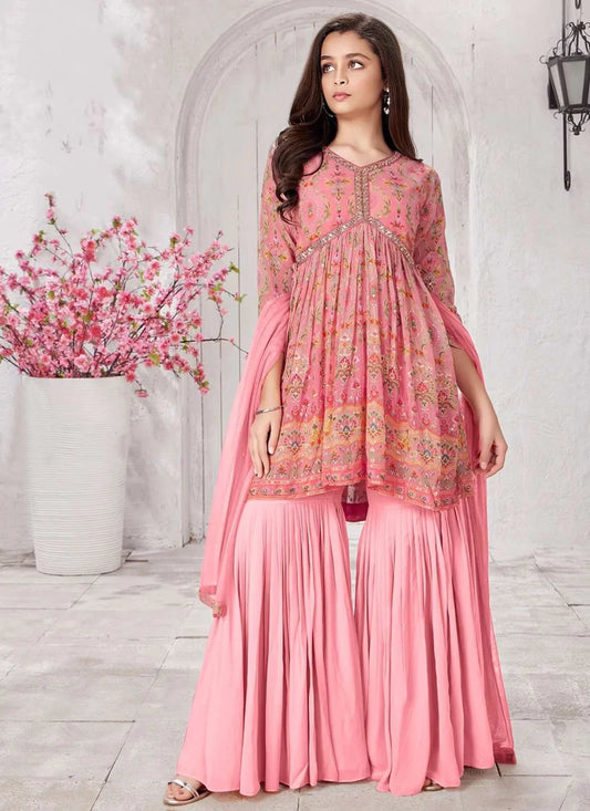 PINK Colour Embroidered And Print Work Muslin Salwar Suit