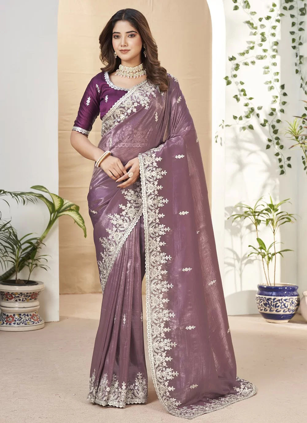 Purple Fancy Fabric Embroidered And Sequins Work Trendy Saree For Women
