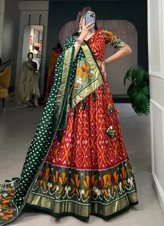 Red Tussar Silk Foil Print Work Lehenga Choli For Ceremonial