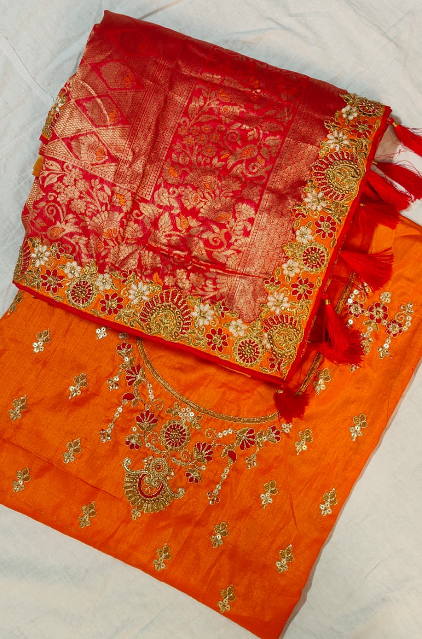 Trending red orange combination half half concept saree collection special for Puja function