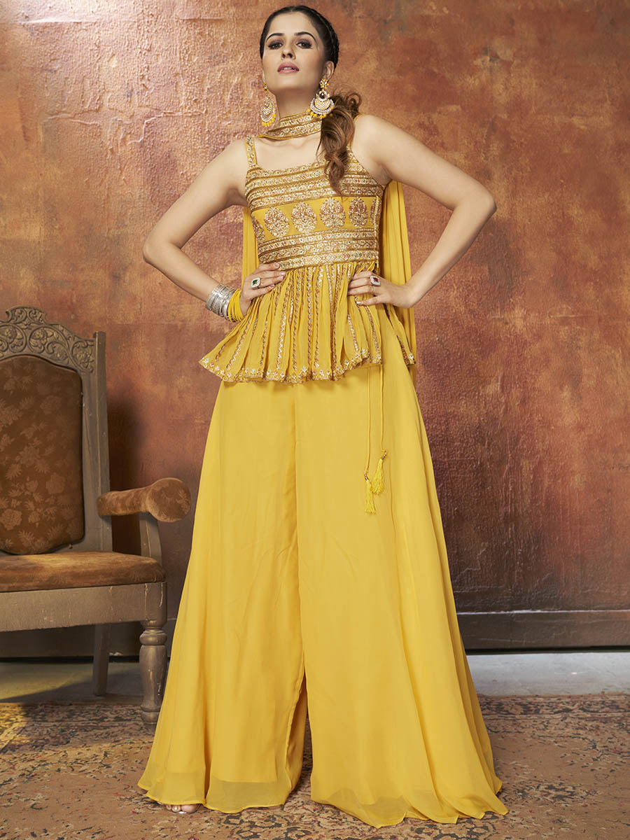 Yellow Georgette Embroidered Designer Suit