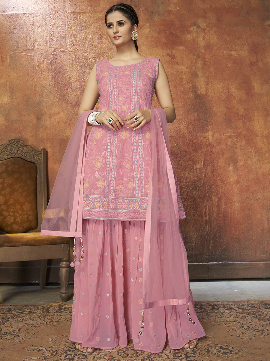 Pink Georgette Embroidered Designer Suit