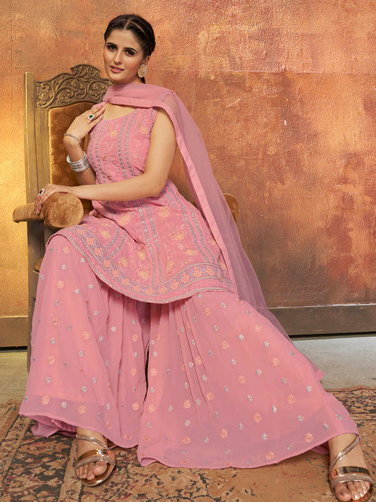 Pink Georgette Embroidered Designer Suit