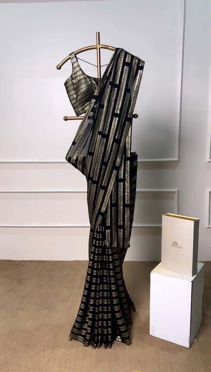 Partywear Heavy Georgette With Embroidery Work Black Saree