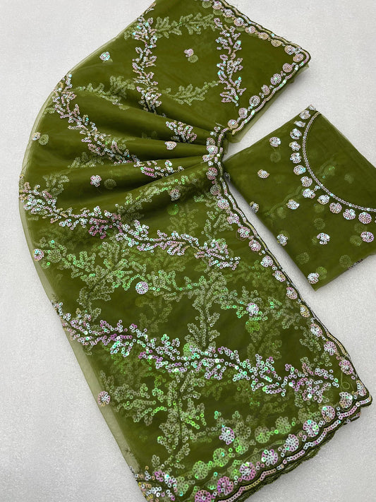 बटरफ्लाई नेट सीक्वेंस कढ़ाई वर्क साड़ी