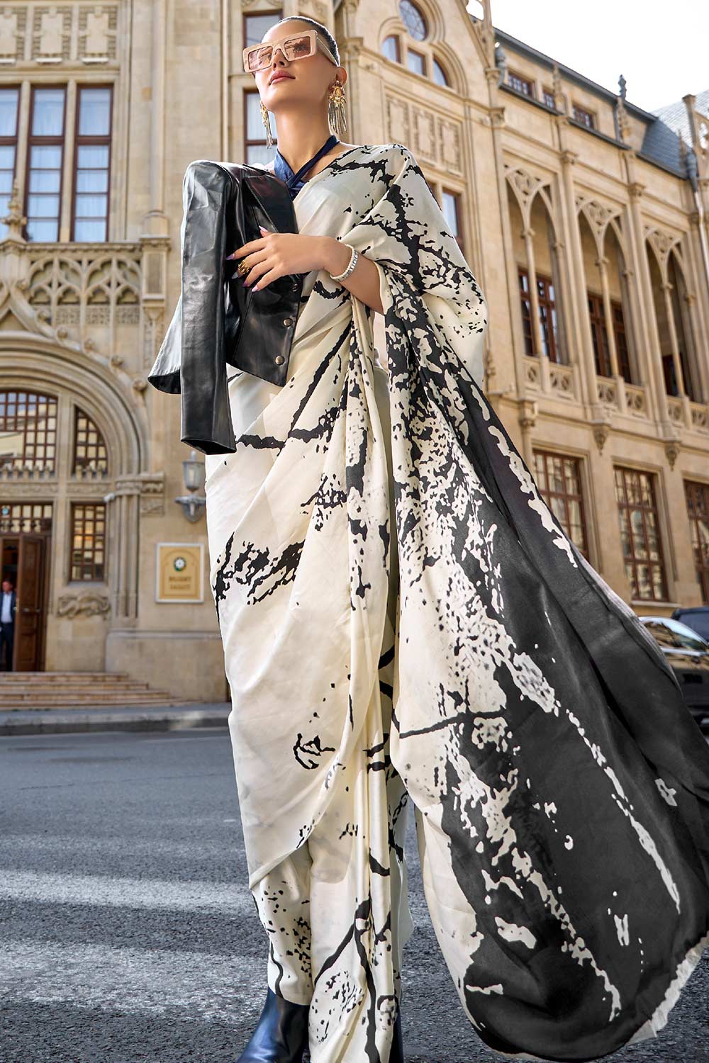 Kubik White & Black Abstract Printed Satin Crepe Saree