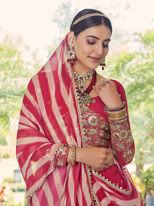 कोरल रेड जॉर्जेट कढ़ाई वाला डिजाइनर लहंगा