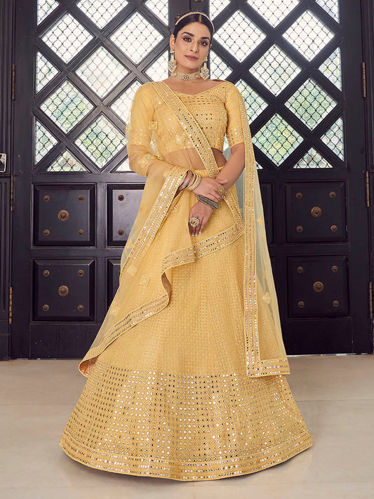 पीला जॉर्जेट कढ़ाई वाला डिजाइनर लहंगा
