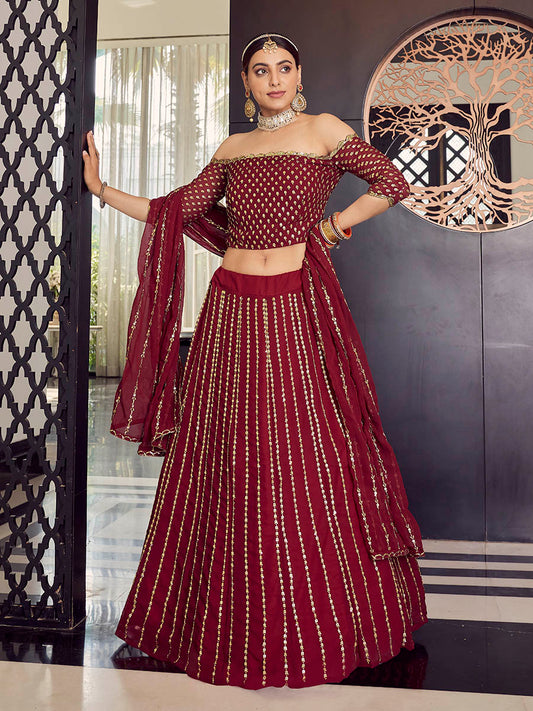 मैरून जॉर्जेट कढ़ाई वाला डिजाइनर लहंगा