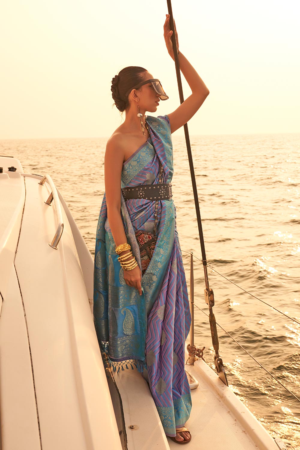 Kingston Blue & Violet Satin Nylon Two Tone Weaving Saree