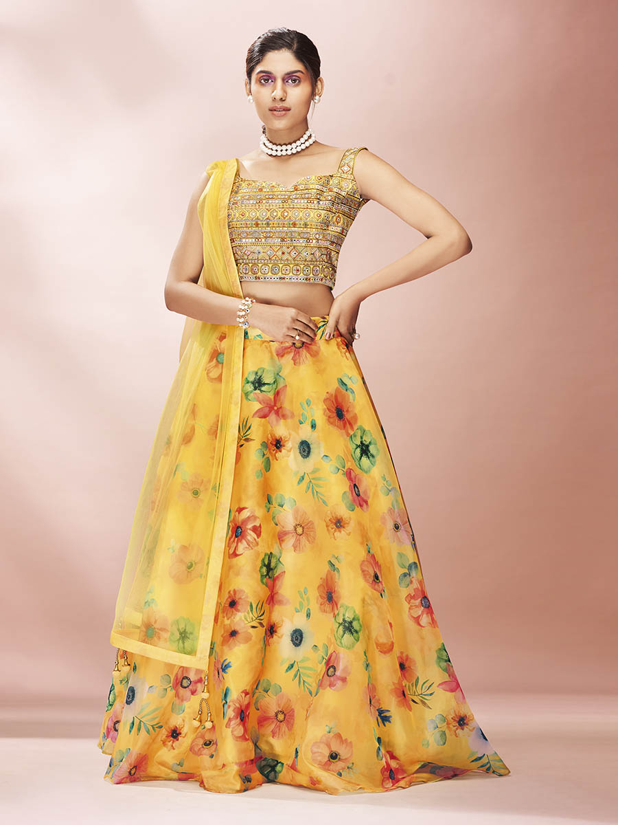Yellow Art Silk Embroidered Mirror Work Lehenga