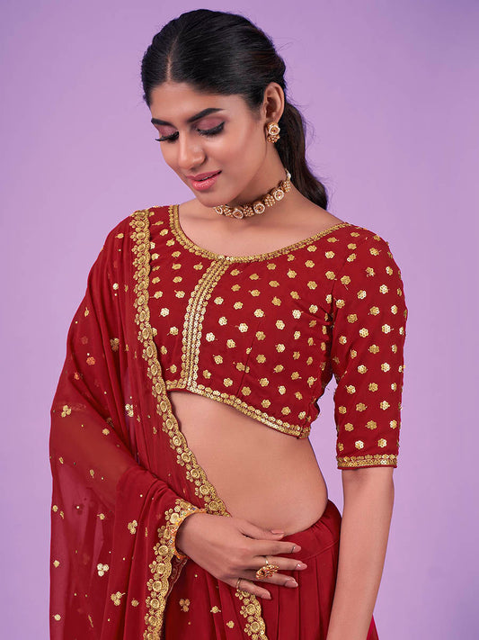 लाल जॉर्जेट कढ़ाई वाला डिजाइनर लहंगा