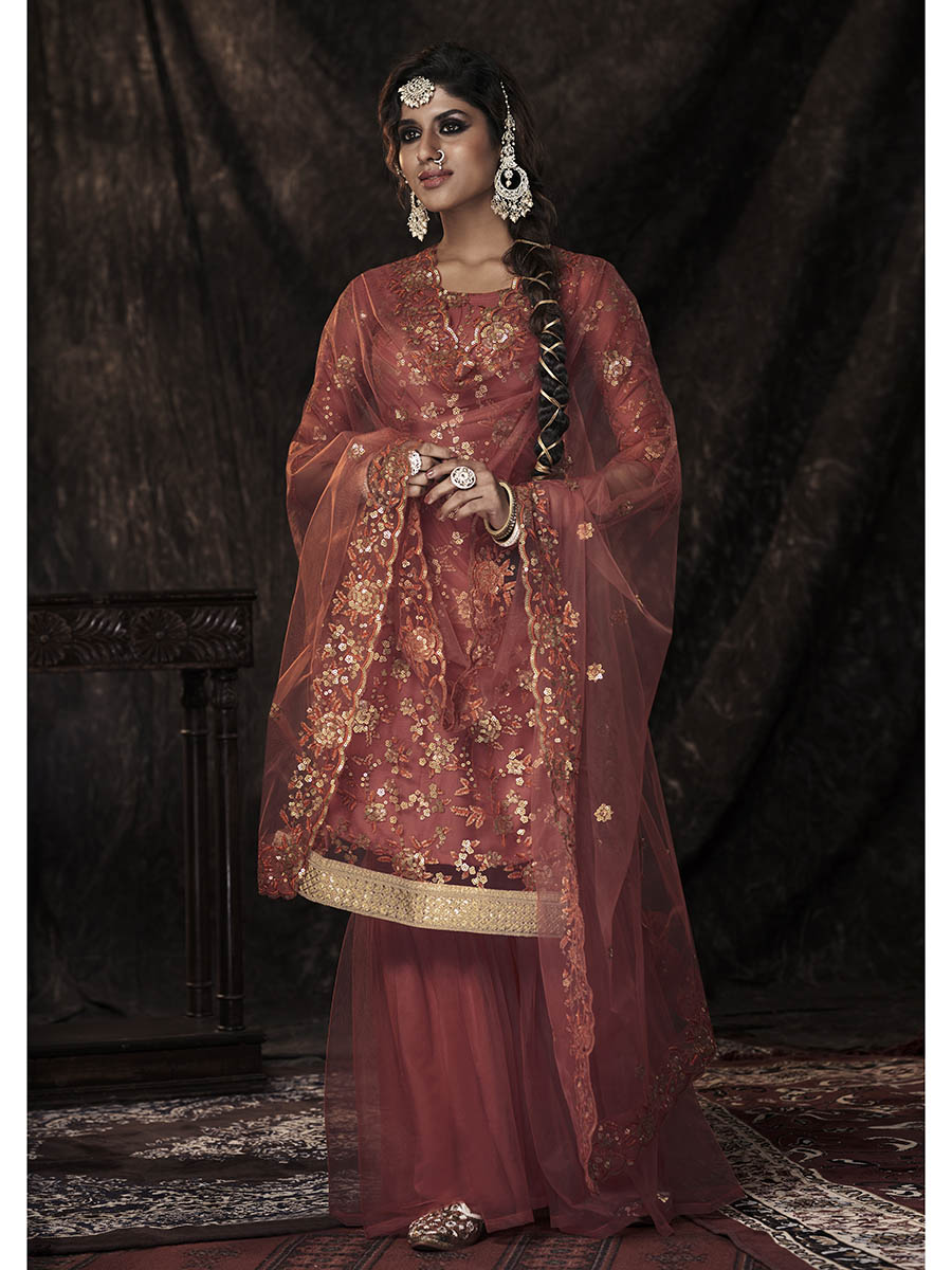 Dark Orange Net Embroidered Sharara Suit