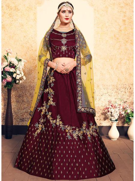 Maroon Satin Embroidered Lehenga