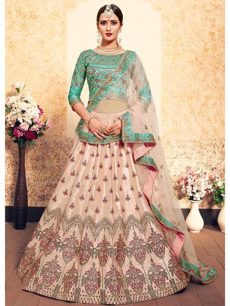 Peach Satin Embroidered Lehenga