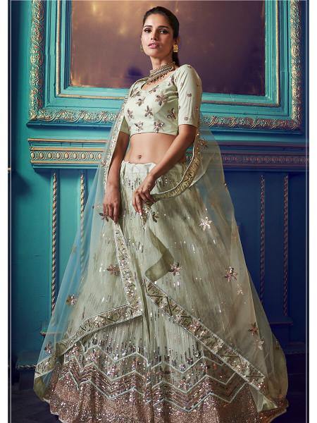Green Heavy Embroidered Net Lehenga
