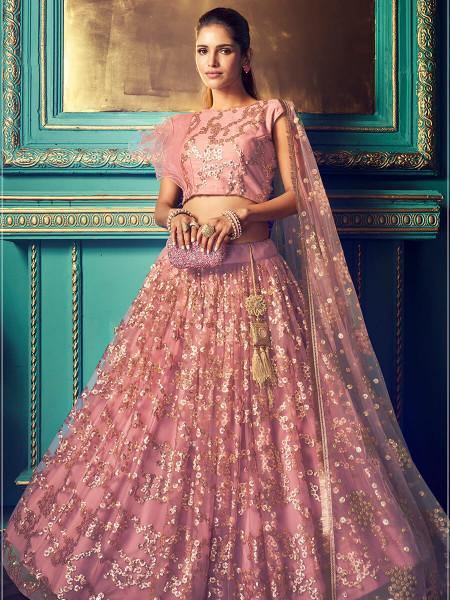 पर्पुल हैवी एम्ब्रॉयडरी नेट लहंगा