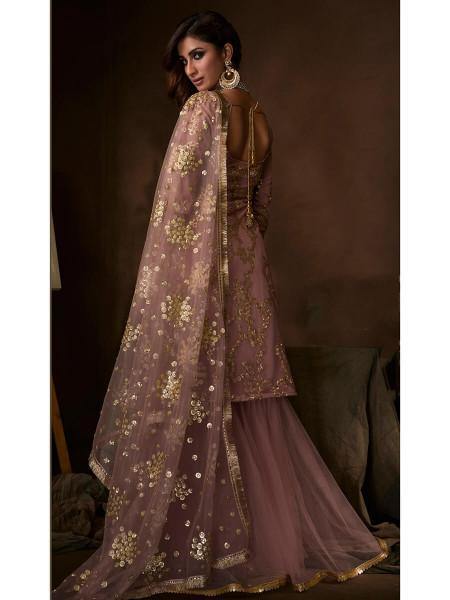 बैंगनी मुलायम नेट ग़रारा सूट