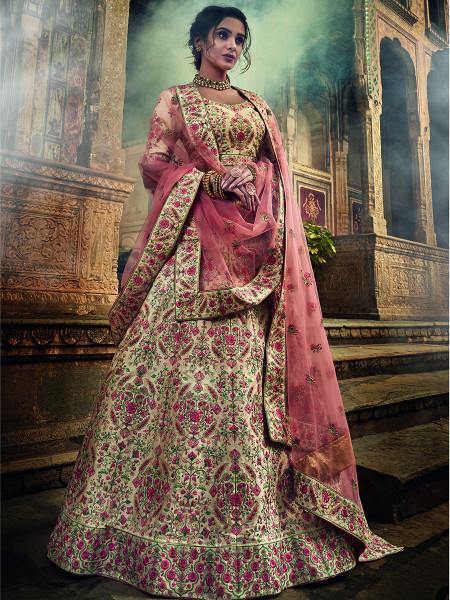 Jute White Art Silk Embroidered Lehenga