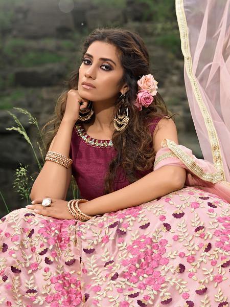 Magenta Pink Embroiderd Net Lehenga Choli