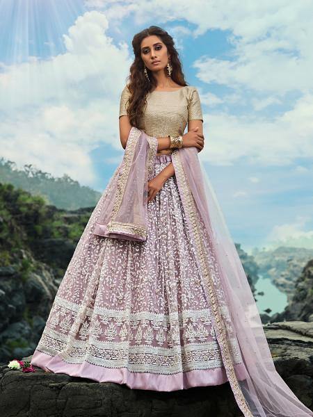 Cream and Lilac Net Embroidered Lehenga Choli