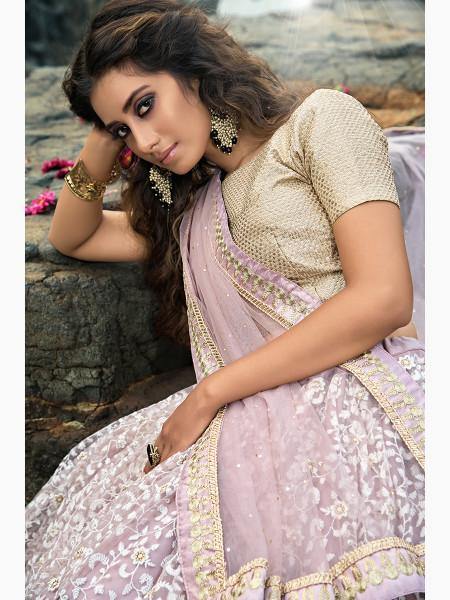 Cream and Lilac Net Embroidered Lehenga Choli