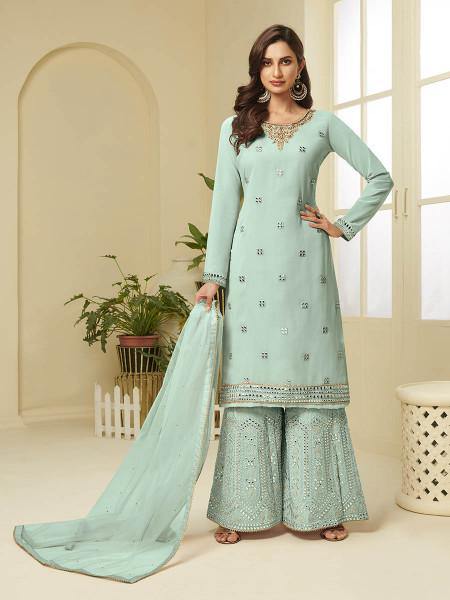 Aqua Blue Georgette Embroidered Palazzo Suit