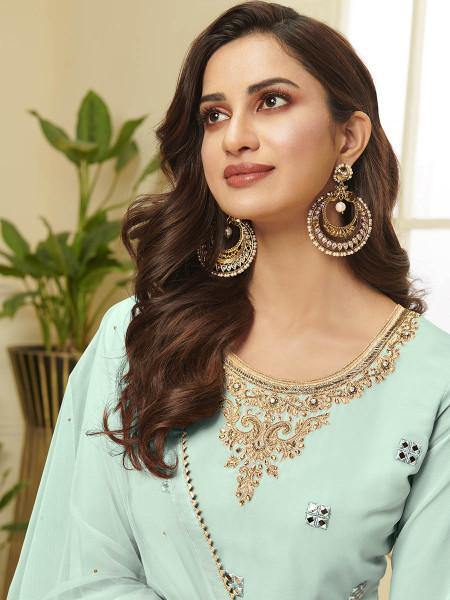 Aqua Blue Georgette Embroidered Palazzo Suit