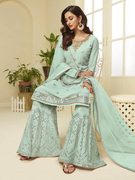 Aqua Blue Georgette Embroidered Palazzo Suit