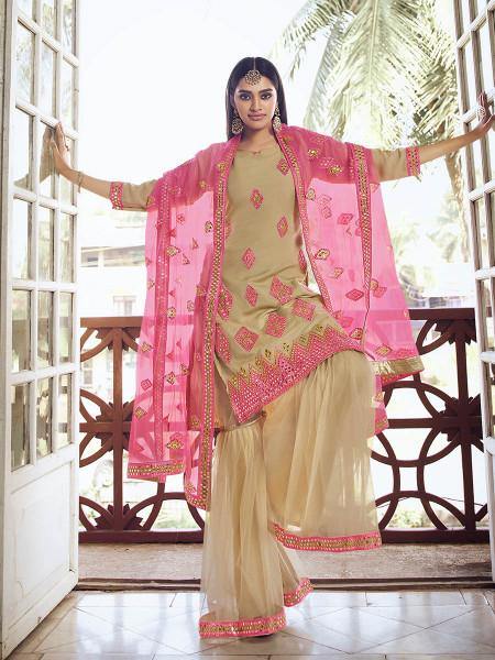 Beige Heavy Embroidered Gharara Suit