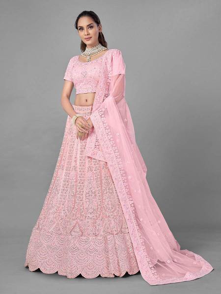 गुलाबी भारी कढ़ाई नरम नेट दुल्हन Lehenga