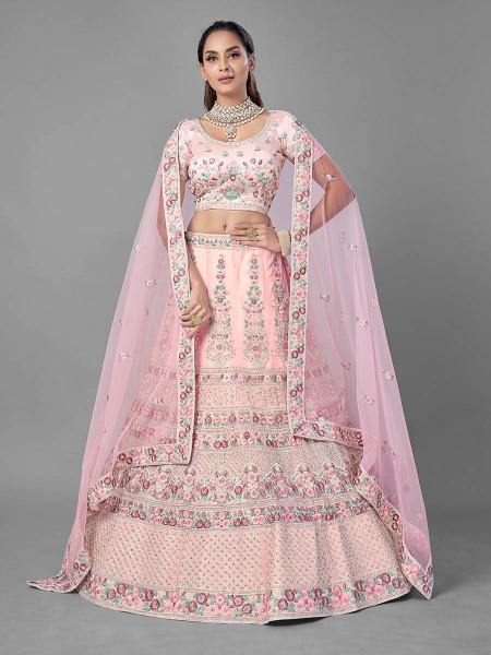 गुलाबी भारी कढ़ाई नरम नेट दुल्हन Lehenga