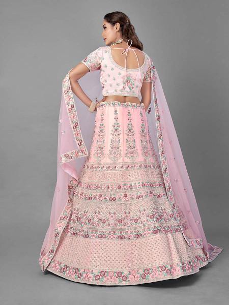 Pink Heavy Embroidered Soft Net bridal Lehenga