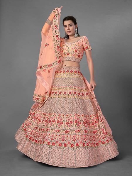 Peach Heavy Embroidered Art Silk bridal Lehenga