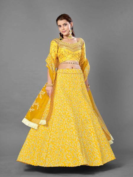 Yellow Heavy Embroidered Art Silk bridal Lehenga