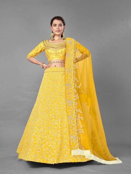 Yellow Heavy Embroidered Art Silk bridal Lehenga
