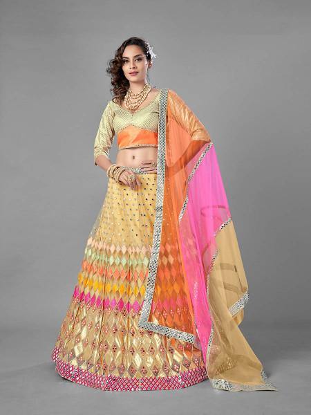 Beige Heavy Embroidered Soft Net bridal Lehenga