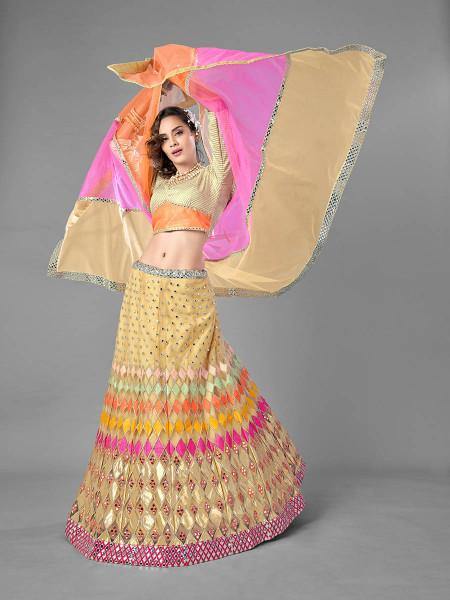Beige Heavy Embroidered Soft Net bridal Lehenga