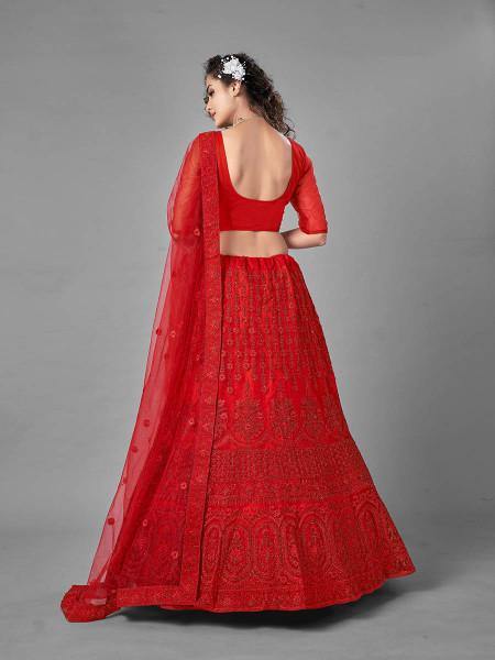 Red Heavy Embroidered Soft Net bridal Lehenga