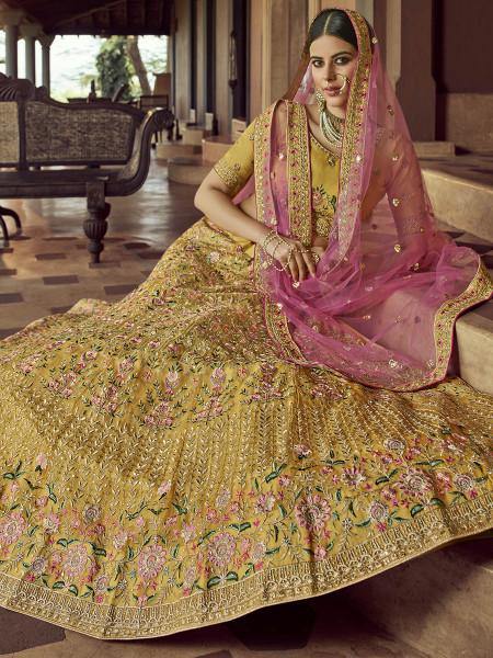 Mustard Heavy Embroidered organza bridal Lehenga