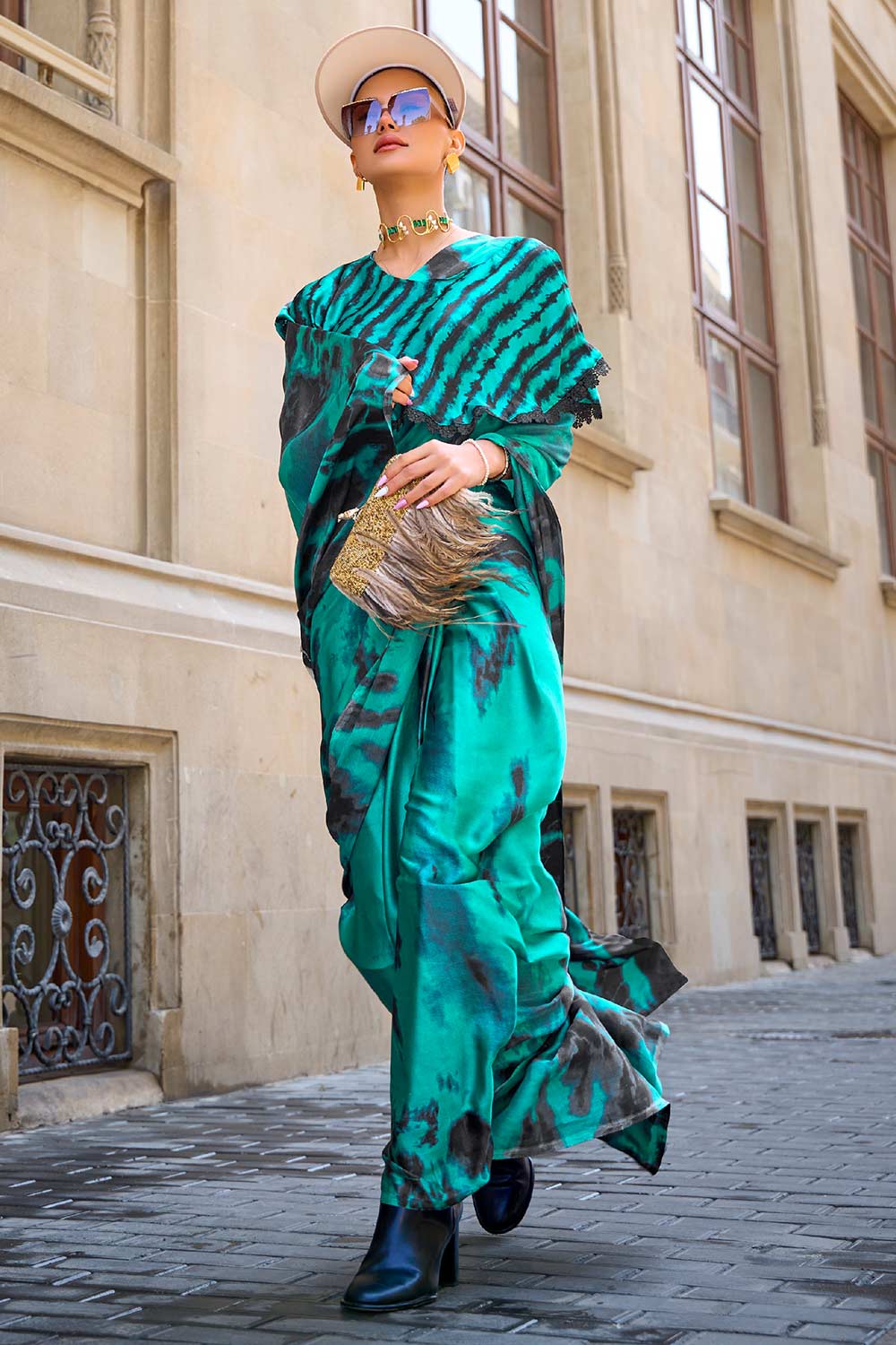 Kubik Teal Abstract Print Satin Crepe Saree