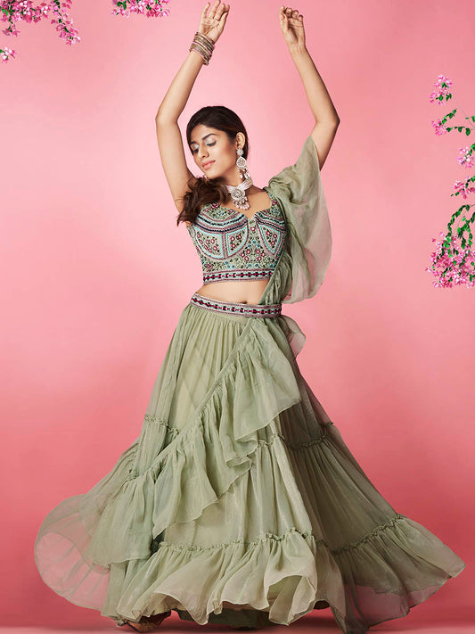 ऑलिव ग्रीन आर्ट सिल्क डिज़ाइनर लहंगा