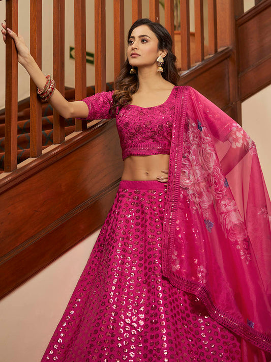 Deep Pink Art Silk Embroidered Designer Lehenga