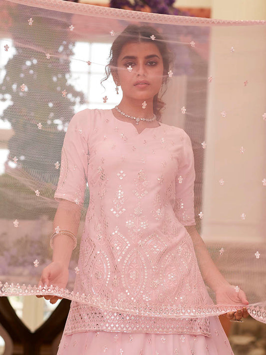 गुलाबी जॉर्जेट कढ़ाई डिजाइनर लेहेंगा